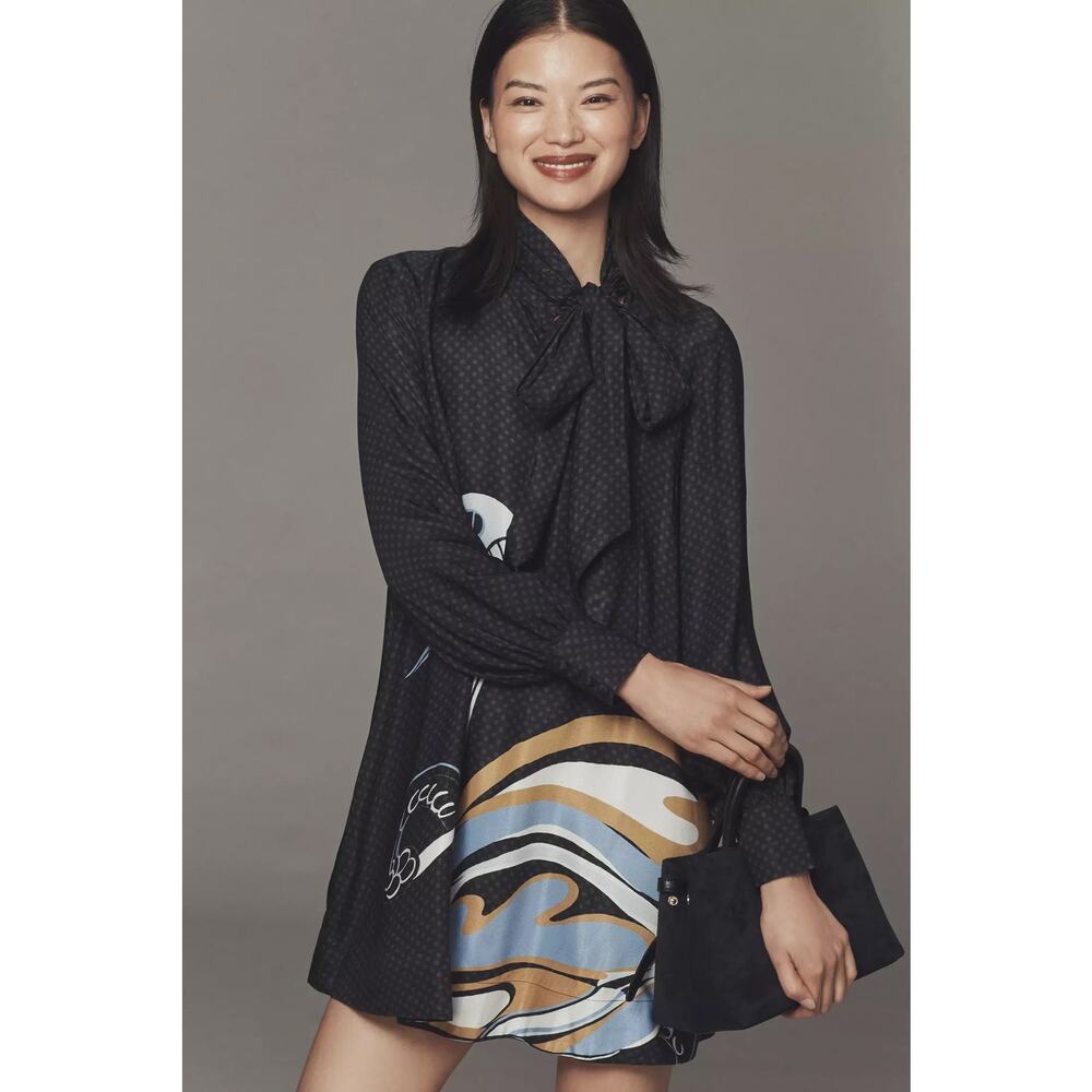 nwt ANTHROPOLOGIE MAEVE sz XL The Caroline Tie-Neck Dress black motif swans